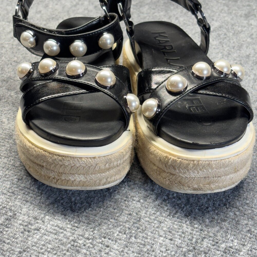 Karl Lagerfeld Womens Black Platform Espadrille Sandals Pearl Ankle Strap 7M - Picture 12 of 13